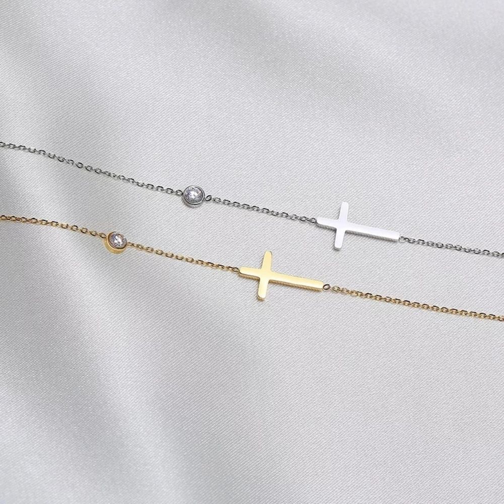 Silver Sideways Cross Bracelet Cubic Zircon Charm - Picture 4 of 5